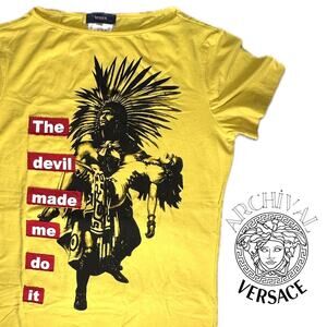 Rare Vintage Yellow Versus Versace Devil Made Me Do It Graphic Tee - Size S/M